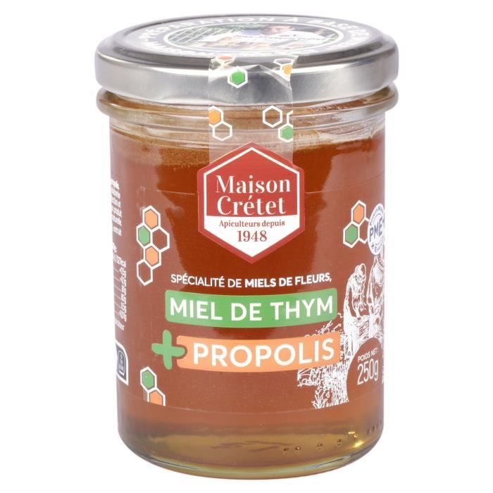 Maison Crétet- Miel de thym et propolis 250g- préparation de 1 pot de 250g