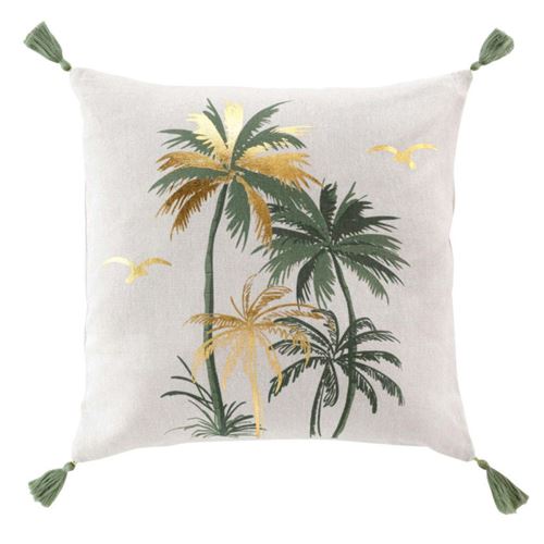 Coussin Déco Pompons "Papeete" 45x45cm Sauge