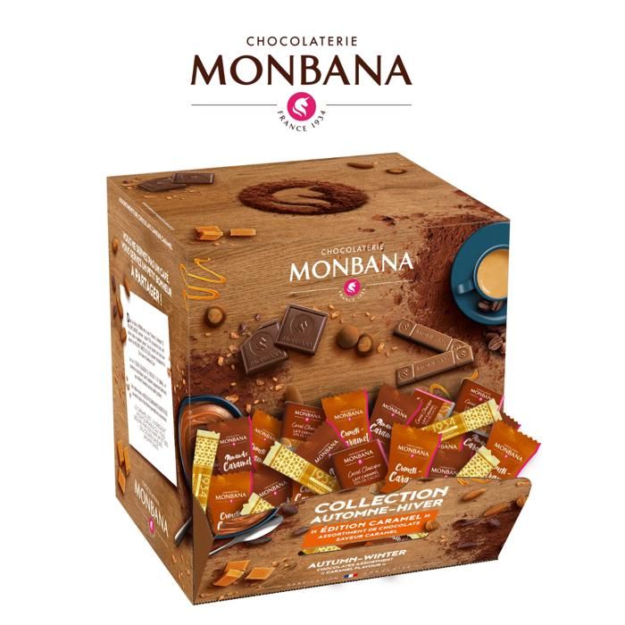 MONBANA  Boite distributrice de 300 Crousti-Caramel & Chocolats - 710g   Idéal Pause café Accueil clients  Fabrication