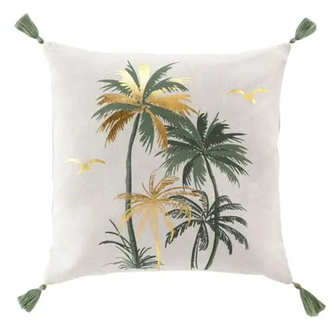 Coussin Déco Pompons "Papeete" 45x45cm Sauge
