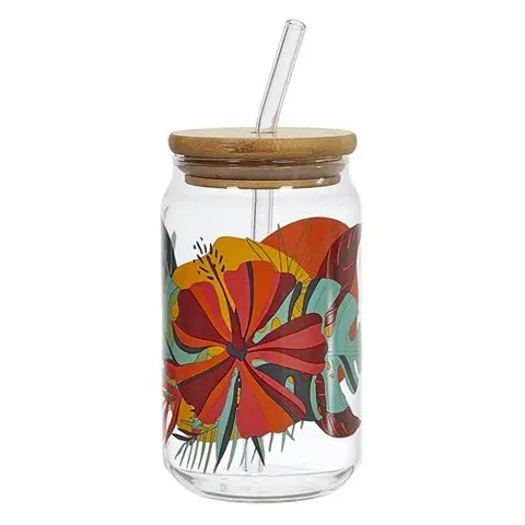 Verre de 45 cl avec couvercle en bambou et paille paradis exotique - ANTILLES - ALTOBUY