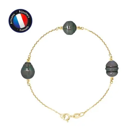 Bracelet - PERLINEA - 3 Perles de Culture de Tahiti 8-9 mm - Or Jaune - Longueur 18 cm - Qualité A+