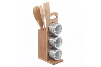 - Support à épices 3 pièces et 3 ustensiles de cuisine - Bambou et acier inox
