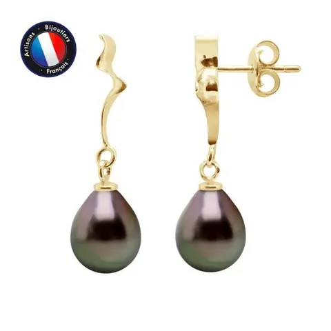 Boucles dOreilles - PERLINEA - Ruban - Perles de Culture de Tahiti - 9-10 mm - Or Jaune 9 Cts